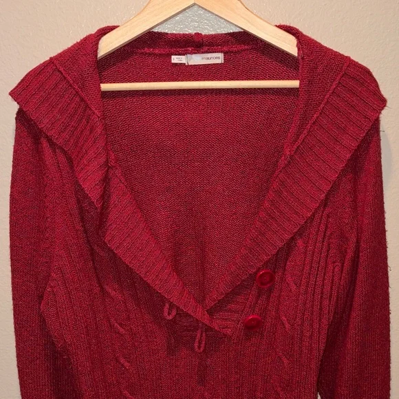 Maurices 3X Burgundy Cable Knit Hooded Sweater Shawl Collar V-Neck Plus Size - Picture 7 of 16